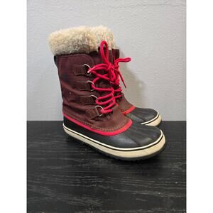 Sorel Winter Waterproof Snow Boots‎ Lined Carnival Faux Fur Trim Maroon 7